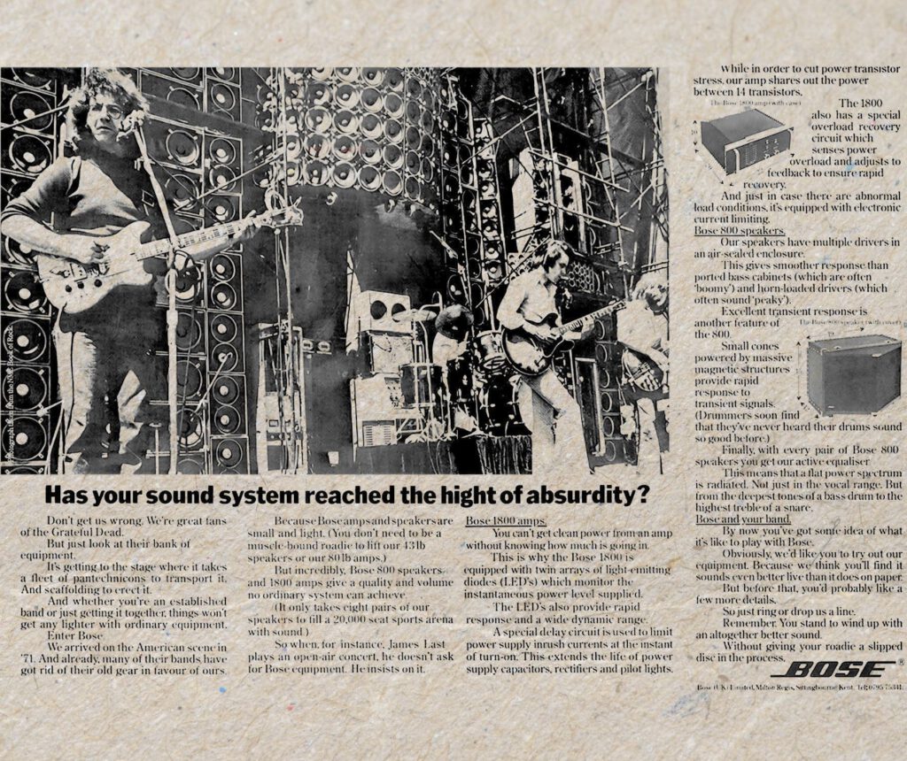 Bose advertentie uit 1975 waarin het speaker vintage model 800 en 1800 worden benoemd.