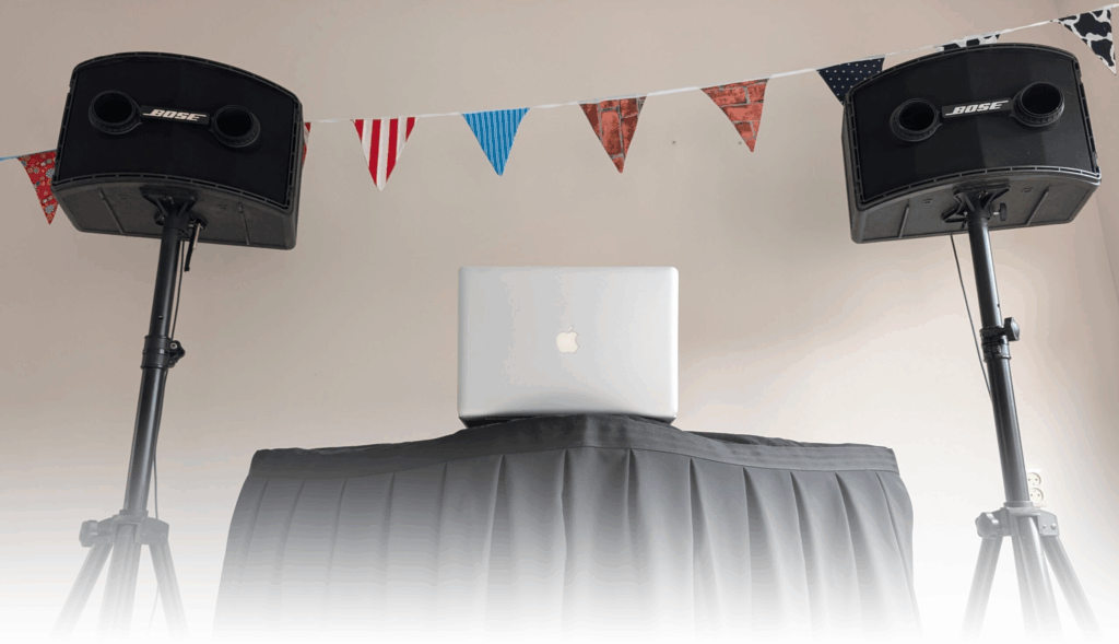 Luidsprekers huren voor evenement, zoals bruiloft, schuurfeest, barbecue, tuinfeest of bedrijfspresentatie.