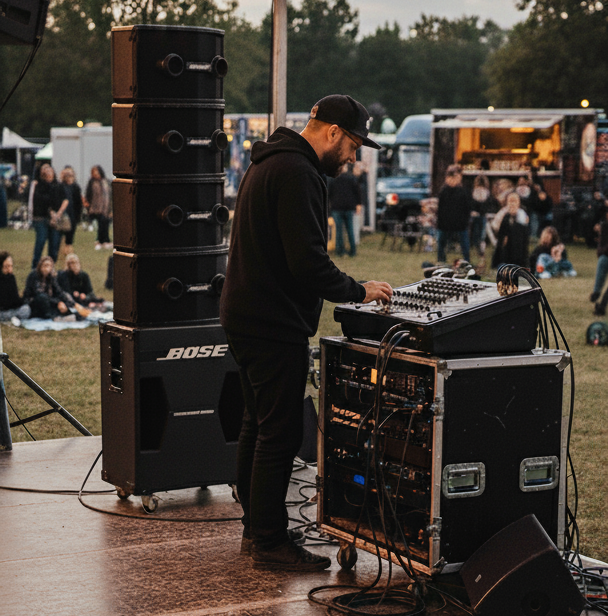 audio engineer technicus helpt met de setup bij verhuur