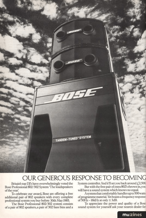 Advertentie uit 1979 met een hero-shot van de Bose 802 en 302