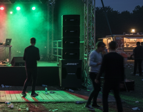 DJ evenement met grote speakers in partytent buiten